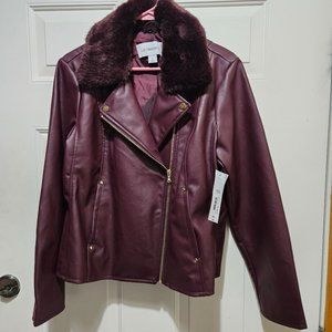NEW Liz Claiborne Removable Faux Fur Collar Zip Coat size L Faux Leather Maroon